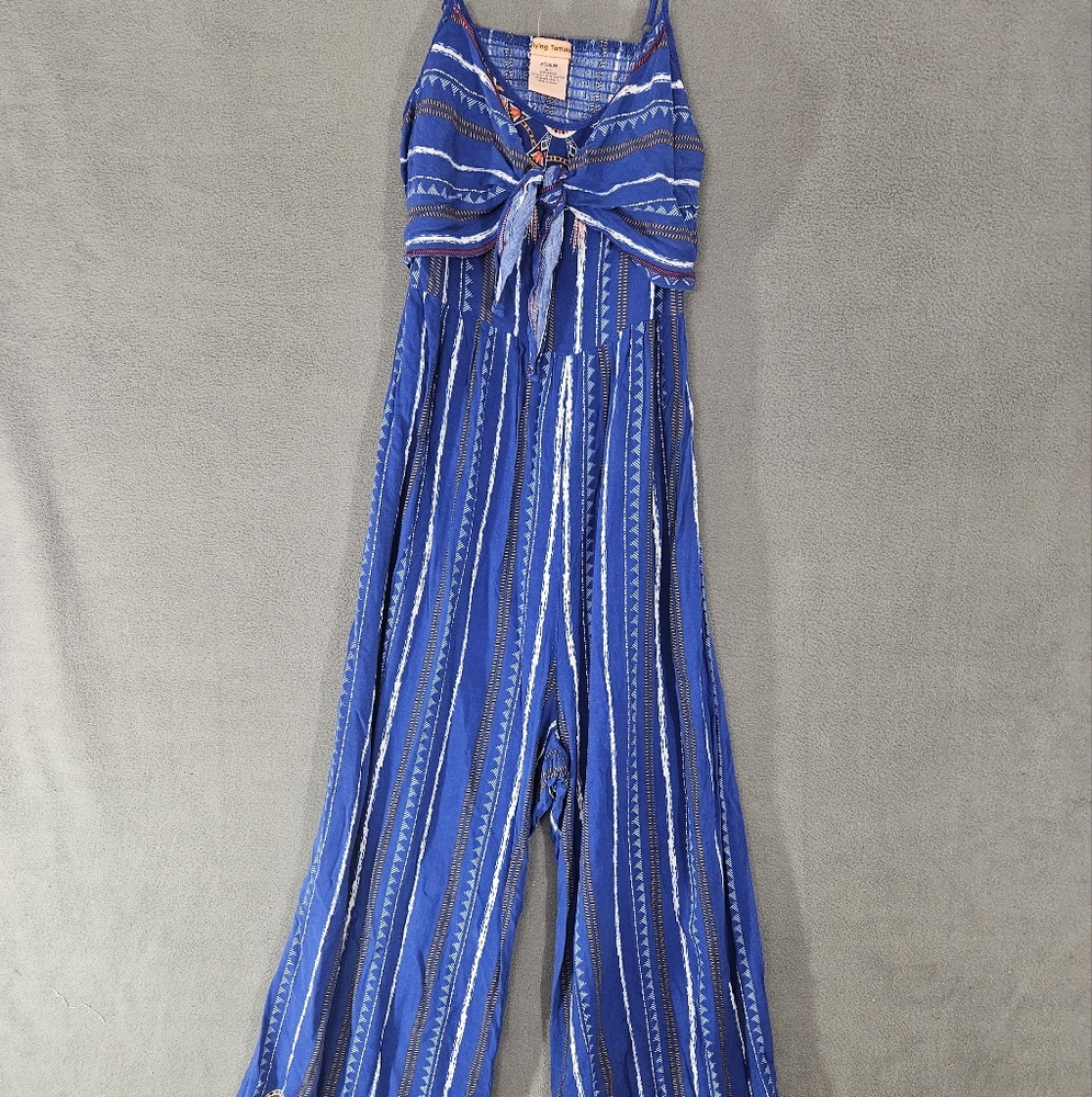Flying Tomato Romper Jumpsuit Medium Blue Tie Front Wide Leg Boho Artsy Smocked